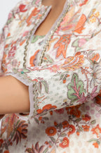 W for Woman Seashell White Printed Pure Cotton Flared Kurta, Straight Pant and Dupatta Set | Grocsy