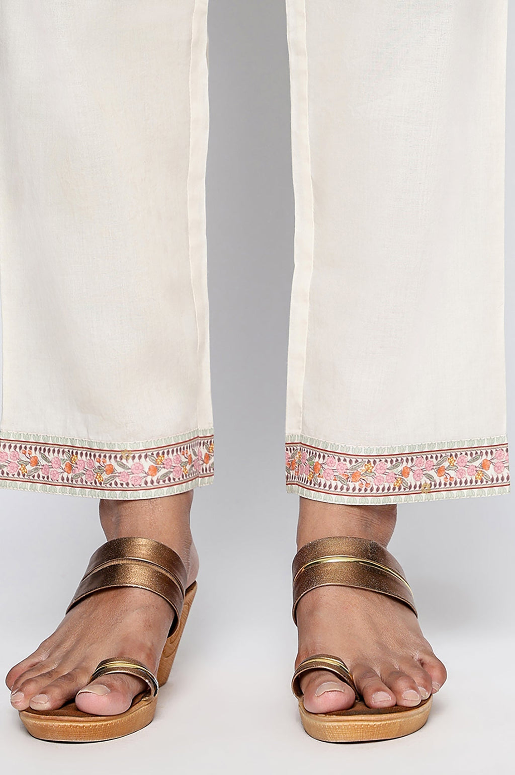 W for Woman Seashell White Printed Pure Cotton Flared Kurta, Straight Pant and Dupatta Set | Grocsy
