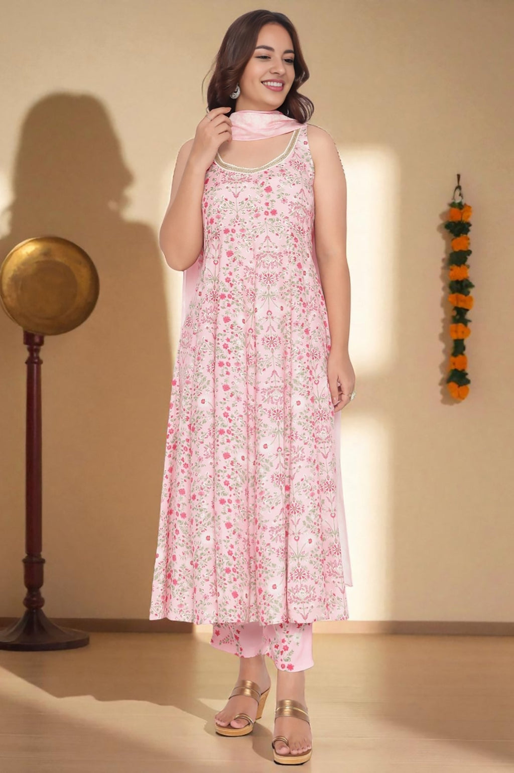 W for Woman Rose Pink Printed Shantung Flared Kurta, Parallel Pant and Dupatta Set | Grocsy