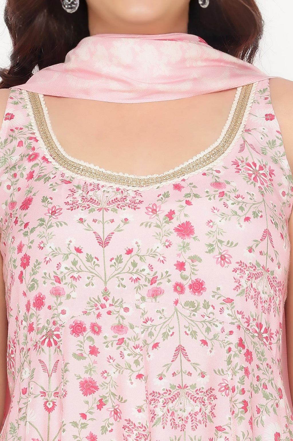 W for Woman Rose Pink Printed Shantung Flared Kurta, Parallel Pant and Dupatta Set | Grocsy