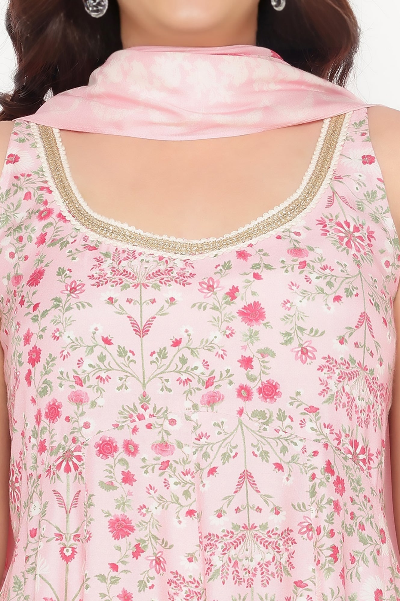 W for Woman Rose Pink Printed Shantung Flared Kurta, Parallel Pant and Dupatta Set | Grocsy