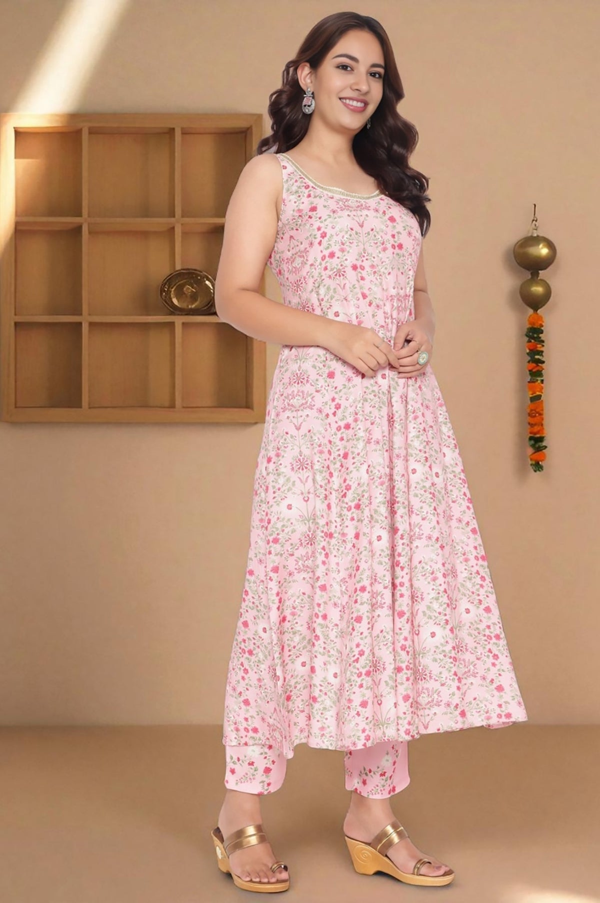 W for Woman Rose Pink Printed Shantung Flared Kurta, Parallel Pant and Dupatta Set | Grocsy