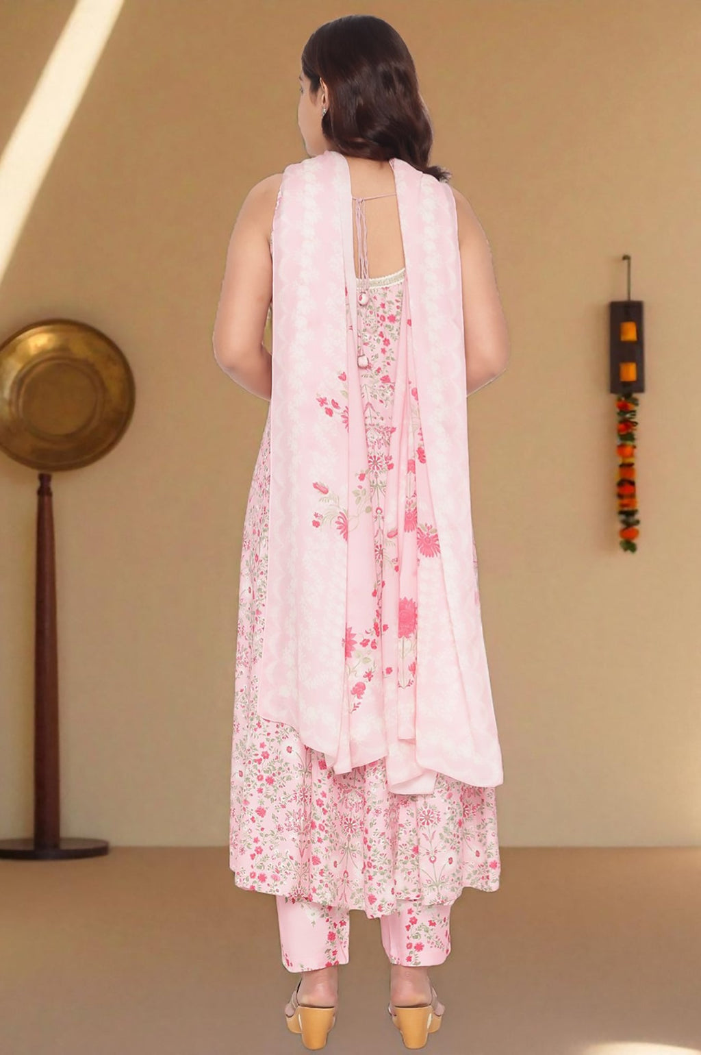 W for Woman Rose Pink Printed Shantung Flared Kurta, Parallel Pant and Dupatta Set | Grocsy
