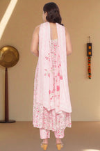 W for Woman Rose Pink Printed Shantung Flared Kurta, Parallel Pant and Dupatta Set | Grocsy