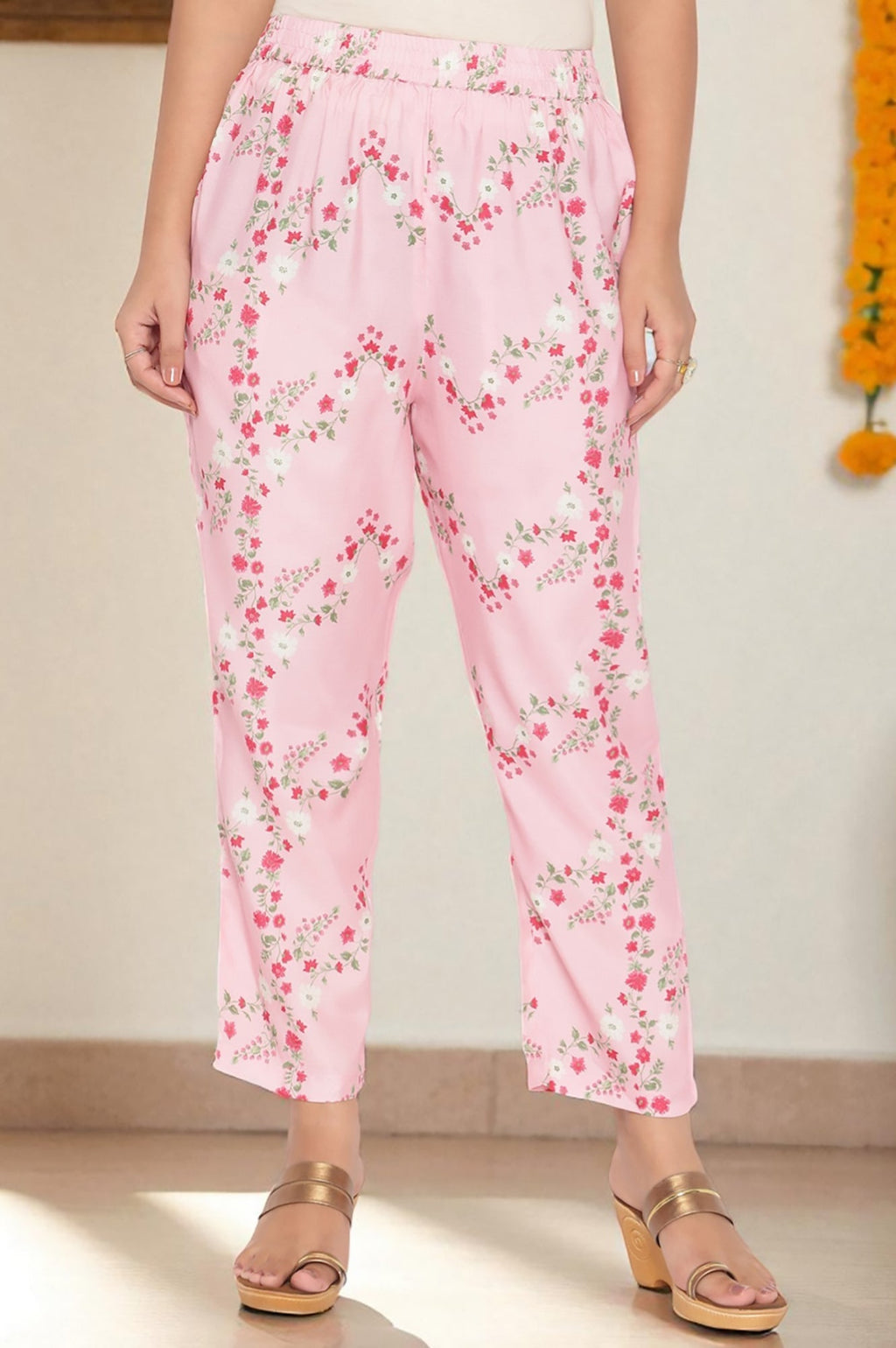 W for Woman Rose Pink Printed Shantung Flared Kurta, Parallel Pant and Dupatta Set | Grocsy
