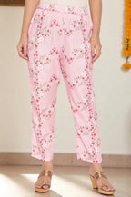 W for Woman Rose Pink Printed Shantung Flared Kurta, Parallel Pant and Dupatta Set | Grocsy
