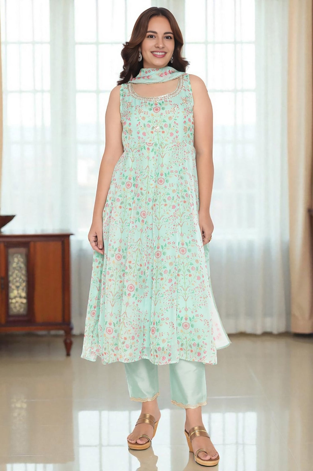 W for Woman Mint Green Printed Organza Flared Kurta, Straight Pant and Dupatta Set | Grocsy