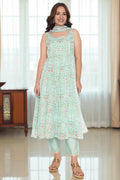 W for Woman Mint Green Printed Organza Flared Kurta, Straight Pant and Dupatta Set | Grocsy