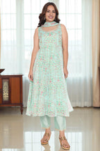 W for Woman Mint Green Printed Organza Flared Kurta, Straight Pant and Dupatta Set | Grocsy