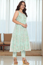 W for Woman Mint Green Printed Organza Flared Kurta, Straight Pant and Dupatta Set | Grocsy
