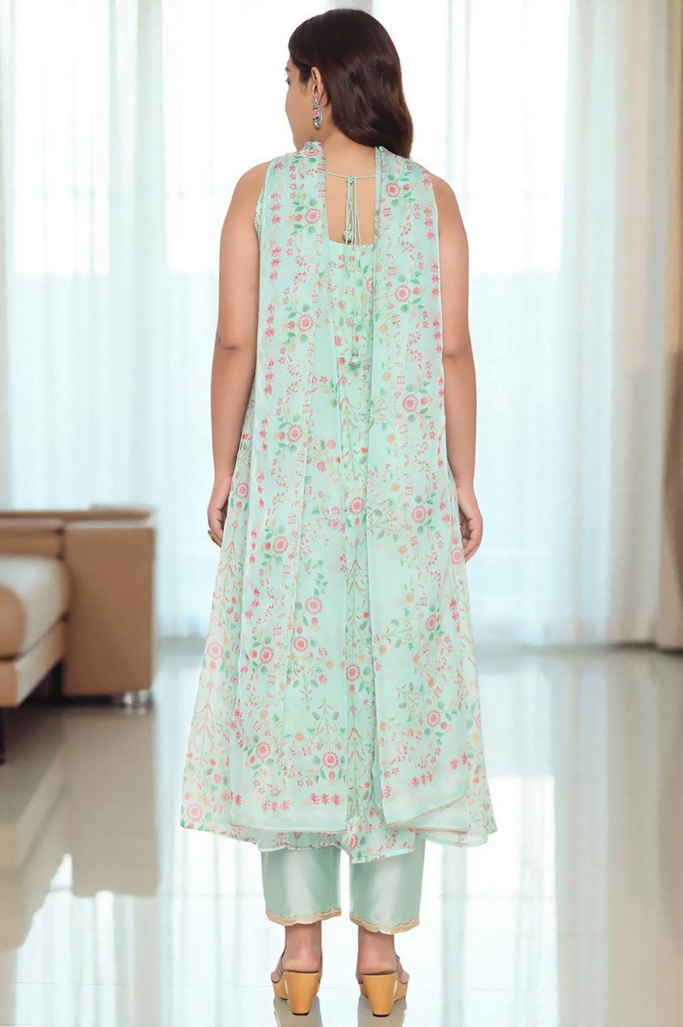 W for Woman Mint Green Printed Organza Flared Kurta, Straight Pant and Dupatta Set | Grocsy