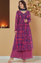 W for Woman Pink Printed Georgette Flared Kurta, Flared Pant and Dupatta Set | Grocsy