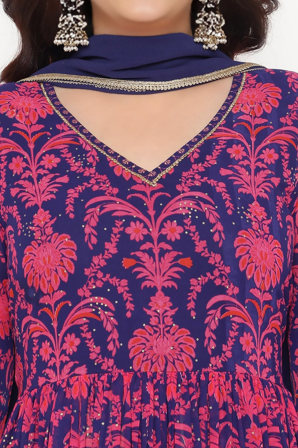 W for Woman Pink Printed Georgette Flared Kurta, Flared Pant and Dupatta Set | Grocsy