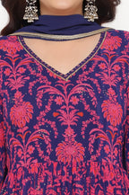 W for Woman Pink Printed Georgette Flared Kurta, Flared Pant and Dupatta Set | Grocsy