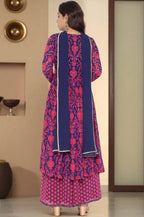 W for Woman Pink Printed Georgette Flared Kurta, Flared Pant and Dupatta Set | Grocsy