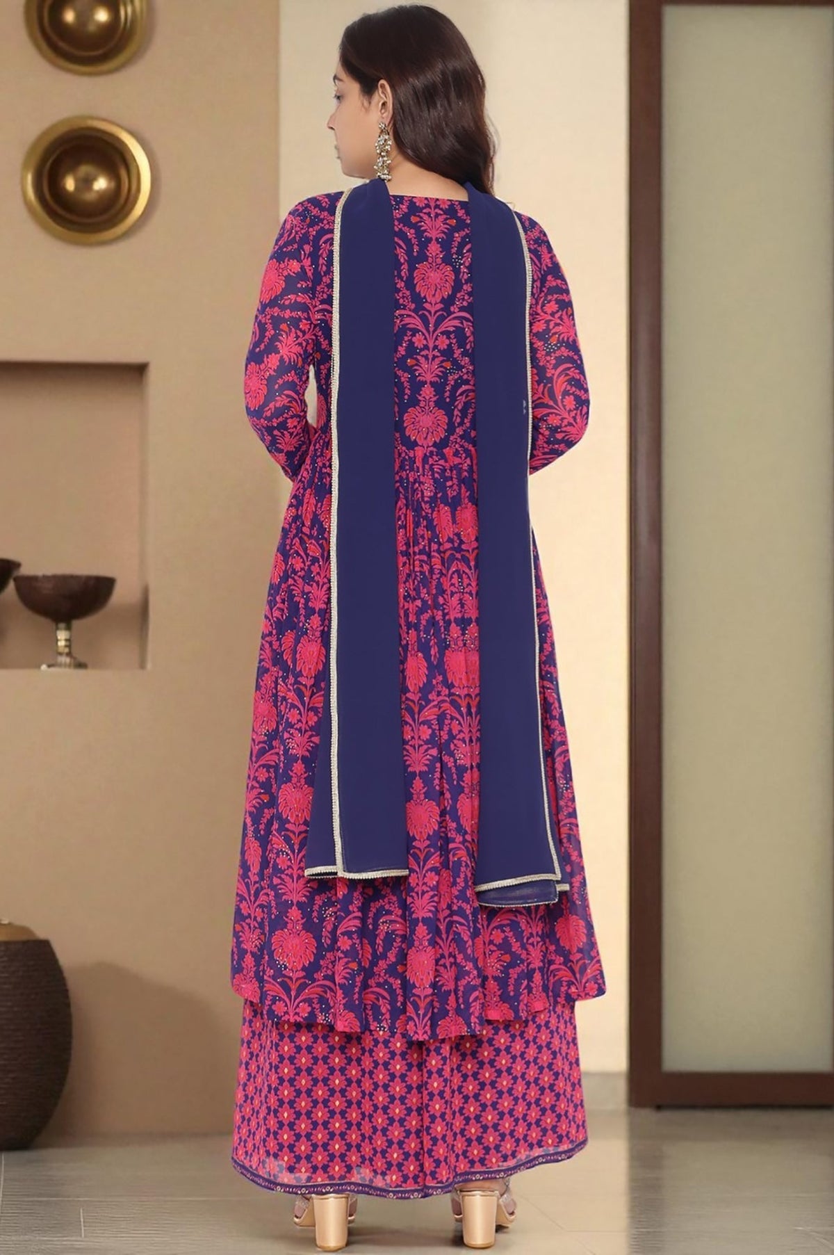 W for Woman Pink Printed Georgette Flared Kurta, Flared Pant and Dupatta Set | Grocsy