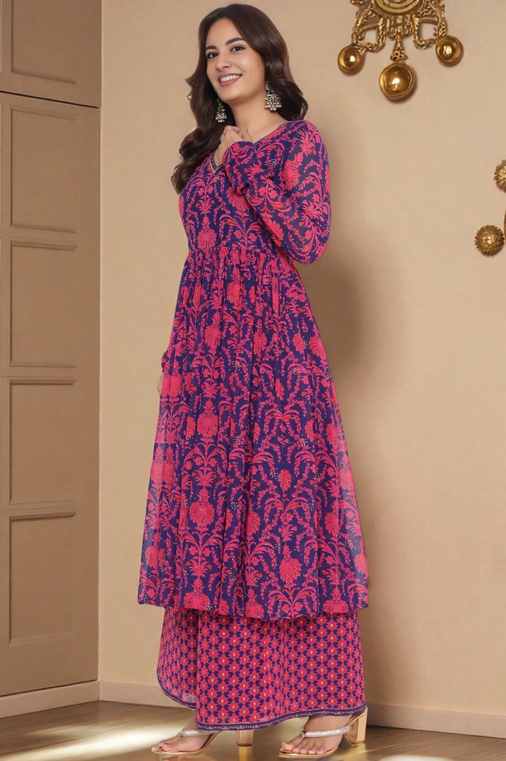 W for Woman Pink Printed Georgette Flared Kurta, Flared Pant and Dupatta Set | Grocsy