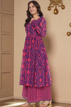 W for Woman Pink Printed Georgette Flared Kurta, Flared Pant and Dupatta Set | Grocsy