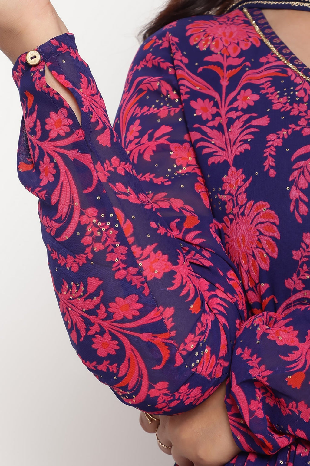 W for Woman Pink Printed Georgette Flared Kurta, Flared Pant and Dupatta Set | Grocsy