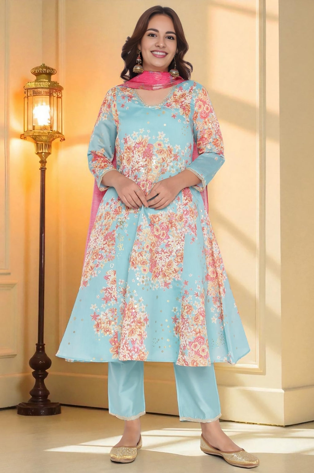 W for Woman Blue Printed Chanderi Flared Kurta, Straight Pant and Dupatta Set | Grocsy