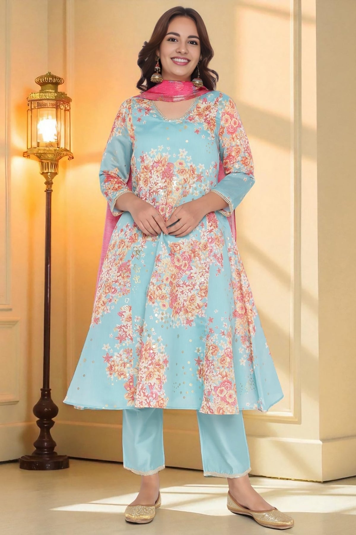 W for Woman Blue Printed Chanderi Flared Kurta, Straight Pant and Dupatta Set | Grocsy