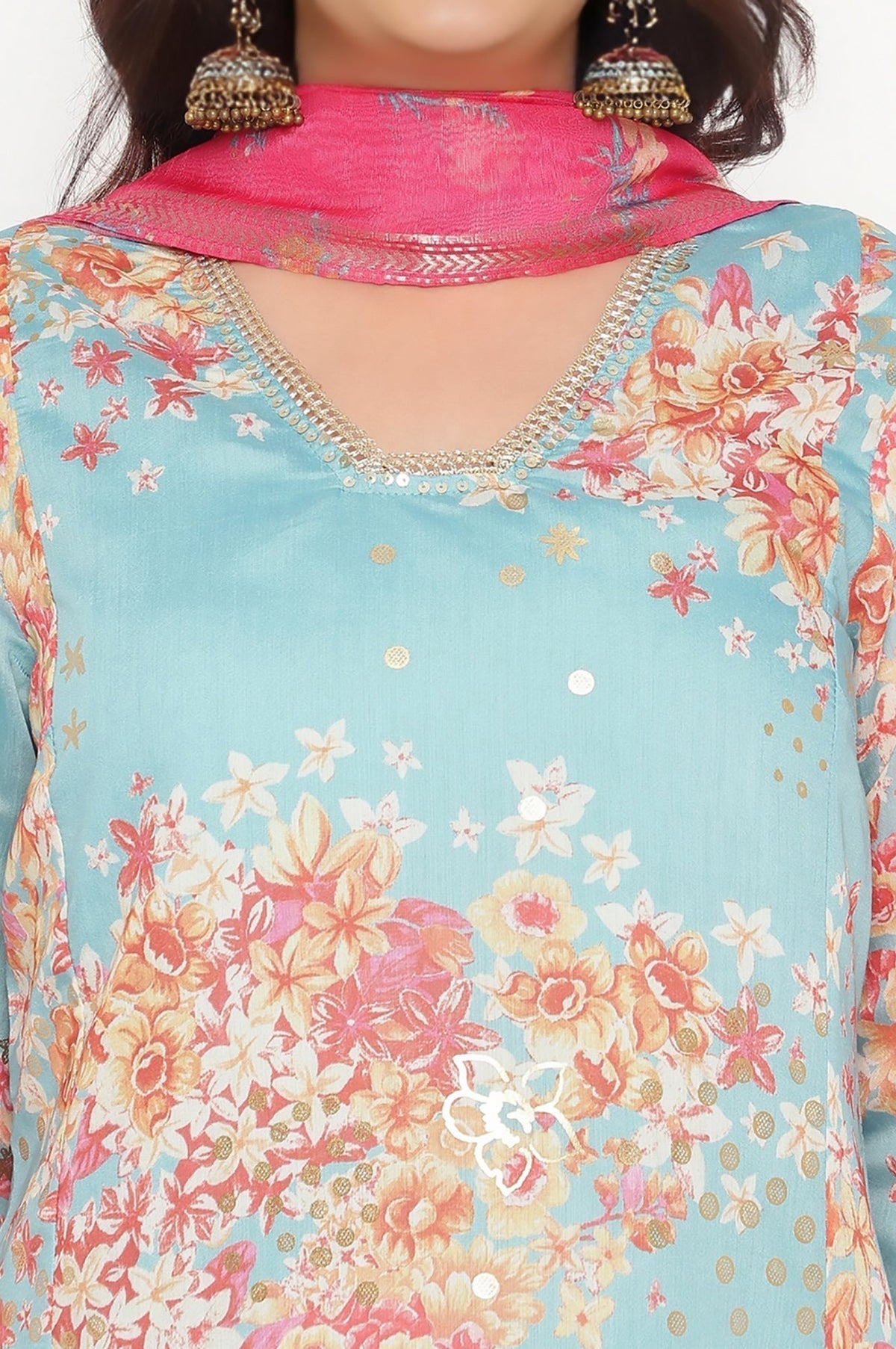 W for Woman Blue Printed Chanderi Flared Kurta, Straight Pant and Dupatta Set | Grocsy