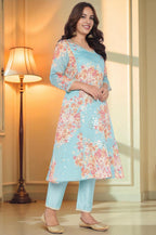 W for Woman Blue Printed Chanderi Flared Kurta, Straight Pant and Dupatta Set | Grocsy