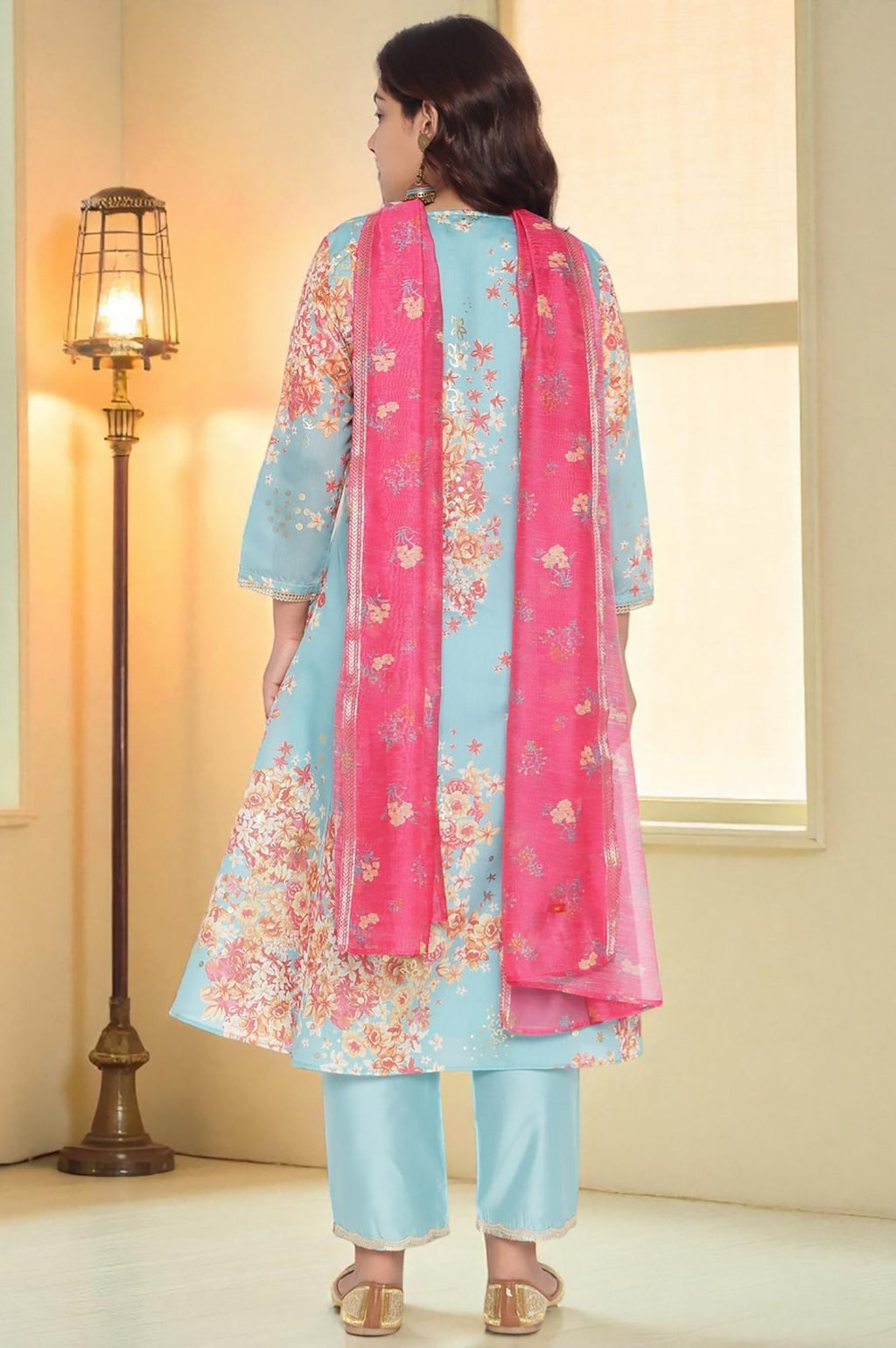 W for Woman Blue Printed Chanderi Flared Kurta, Straight Pant and Dupatta Set | Grocsy
