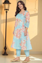 W for Woman Blue Printed Chanderi Flared Kurta, Straight Pant and Dupatta Set | Grocsy