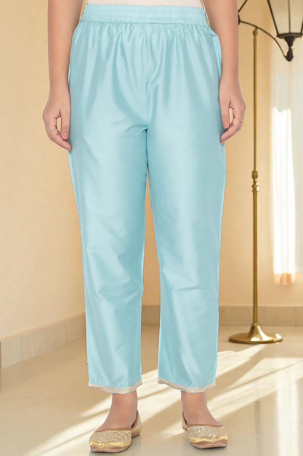 W for Woman Blue Printed Chanderi Flared Kurta, Straight Pant and Dupatta Set | Grocsy