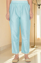 W for Woman Blue Printed Chanderi Flared Kurta, Straight Pant and Dupatta Set | Grocsy