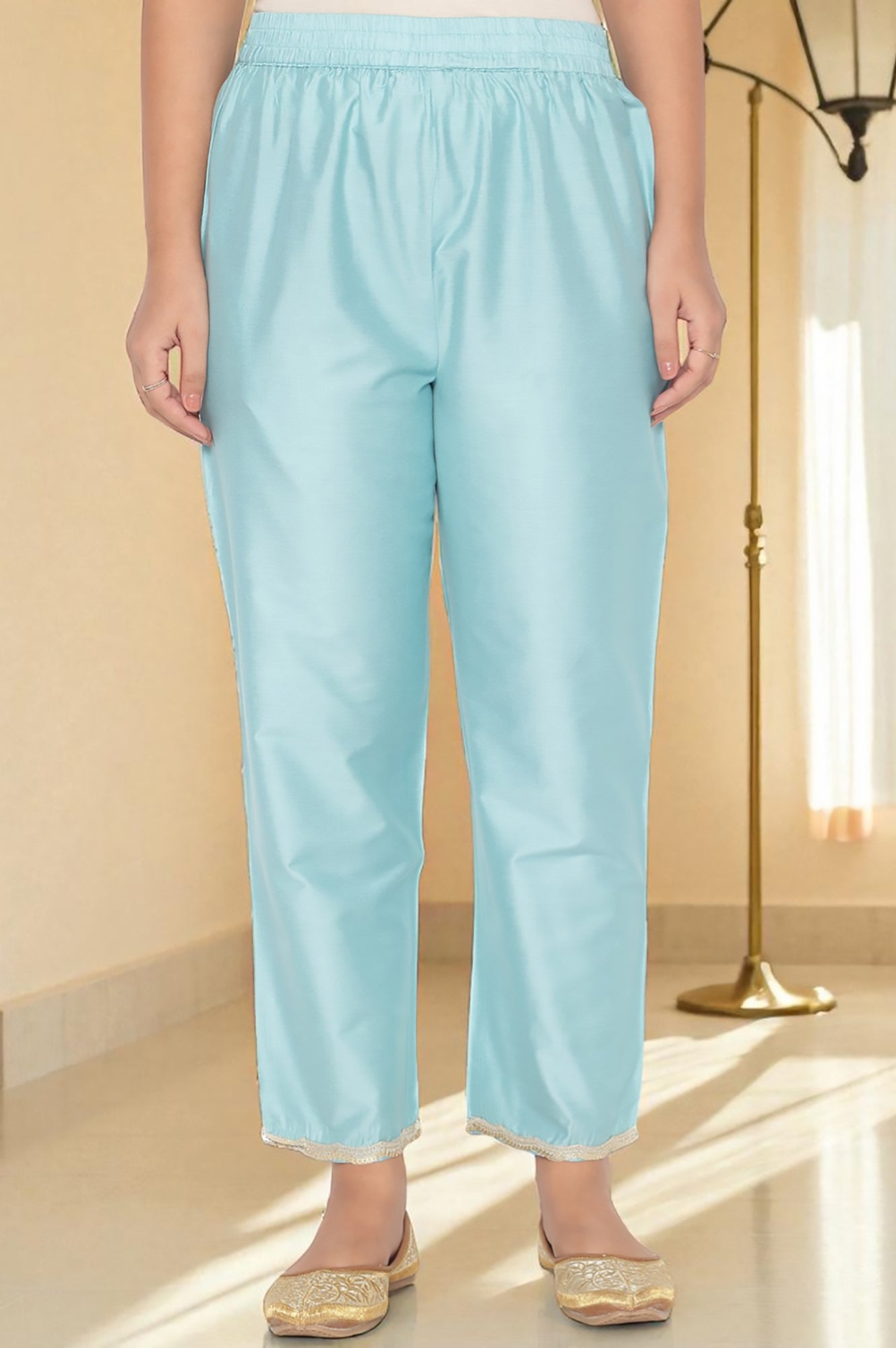W for Woman Blue Printed Chanderi Flared Kurta, Straight Pant and Dupatta Set | Grocsy