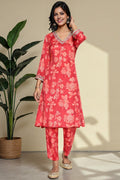 W for Woman Crimson Red Printed Modal A-line Kurta and Straight Pant Set | Grocsy