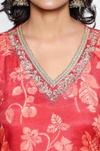 W for Woman Crimson Red Printed Modal A-line Kurta and Straight Pant Set | Grocsy