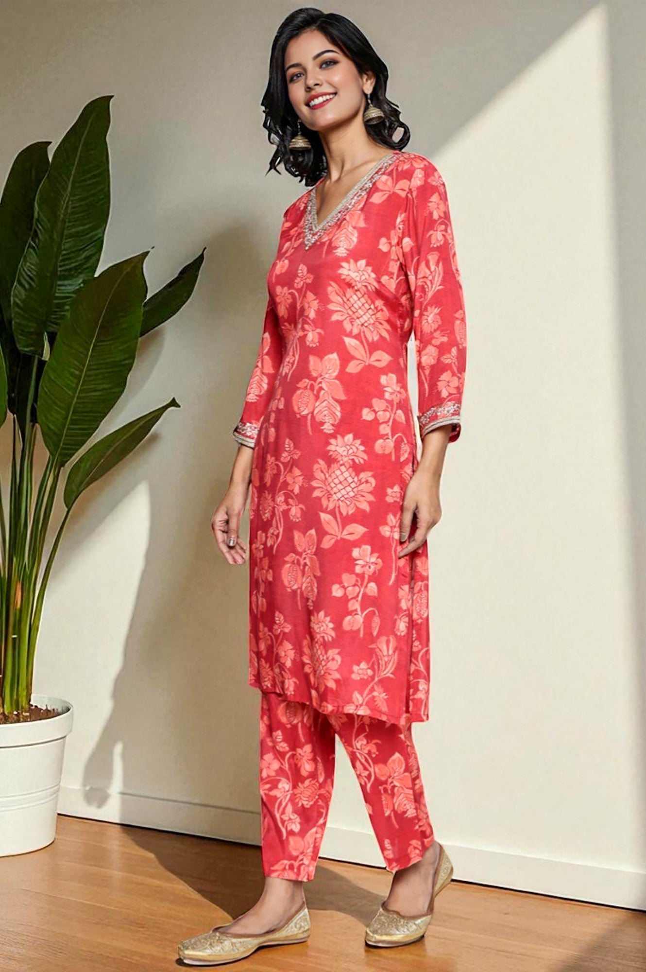 W for Woman Crimson Red Printed Modal A-line Kurta and Straight Pant Set | Grocsy