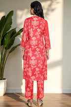 W for Woman Crimson Red Printed Modal A-line Kurta and Straight Pant Set | Grocsy