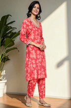 W for Woman Crimson Red Printed Modal A-line Kurta and Straight Pant Set | Grocsy