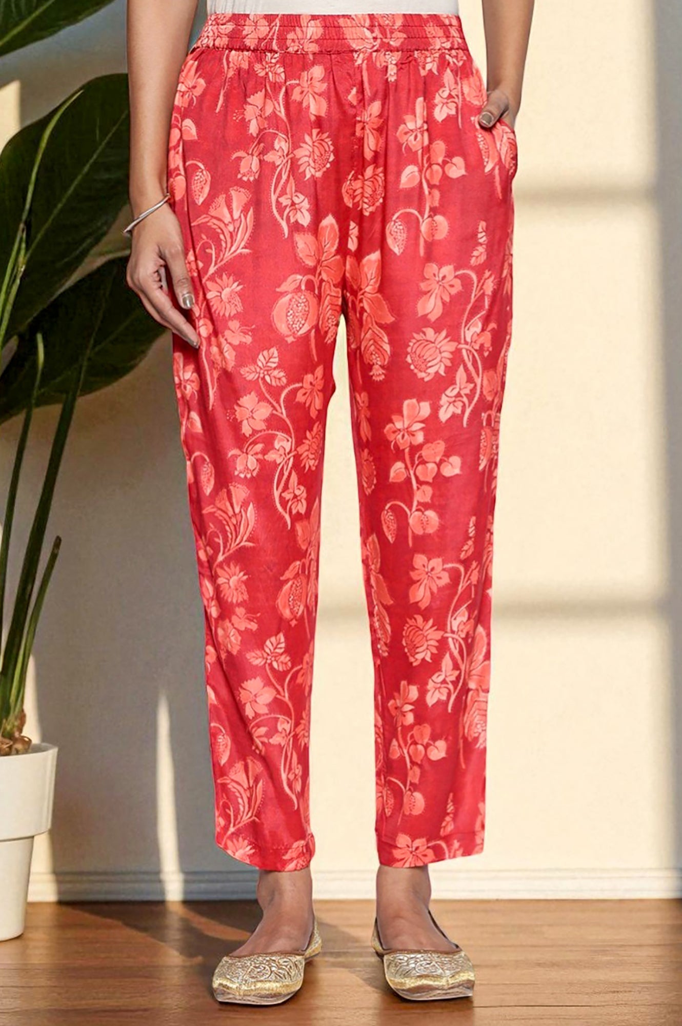 W for Woman Crimson Red Printed Modal A-line Kurta and Straight Pant Set | Grocsy