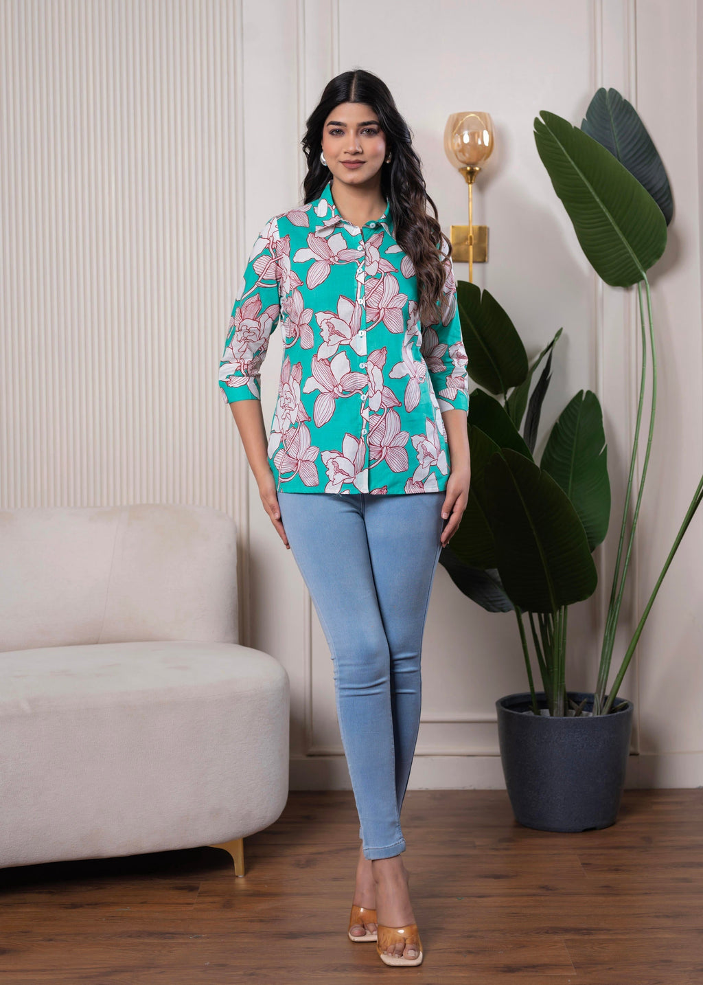 Juniper Lamora Turquoise Floral Button-Down Shirt | Grocsy