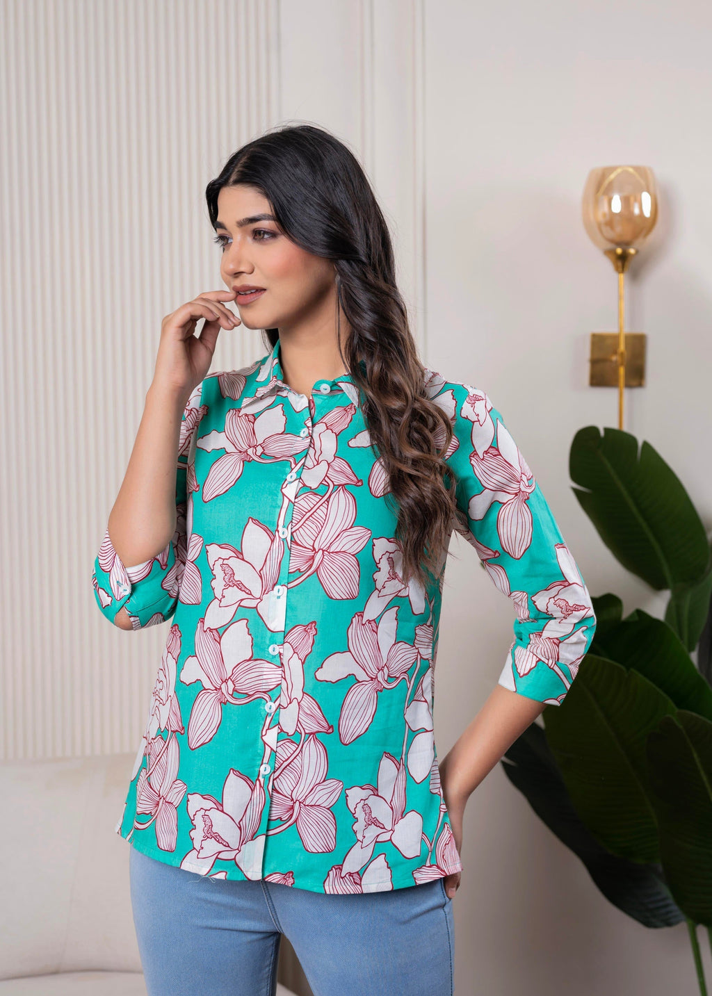 Juniper Lamora Turquoise Floral Button-Down Shirt | Grocsy