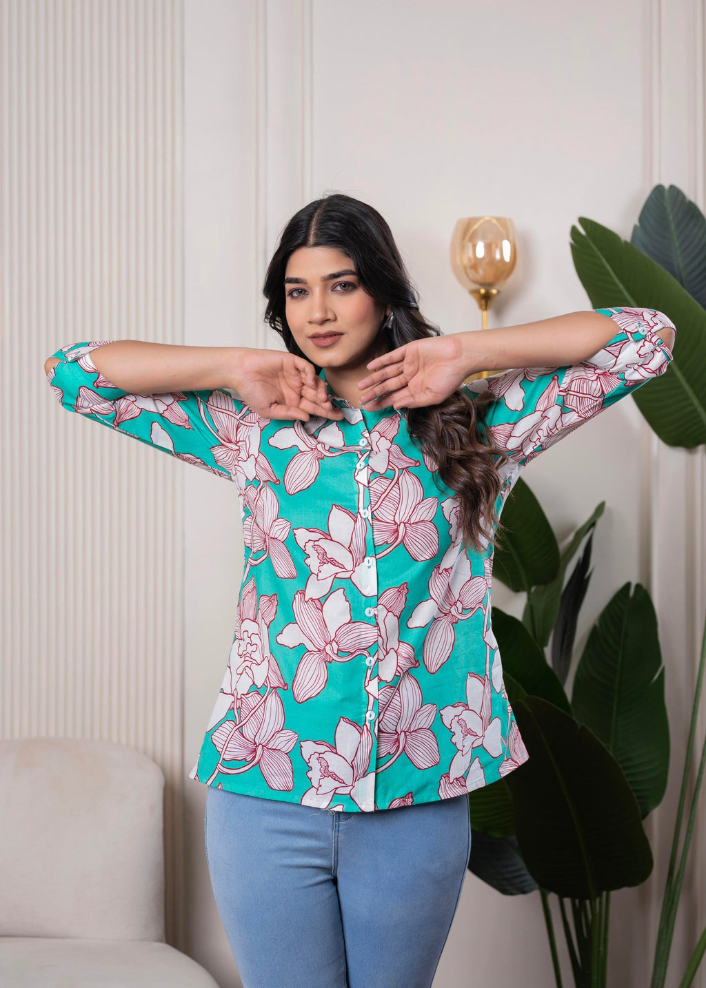 Juniper Lamora Turquoise Floral Button-Down Shirt | Grocsy