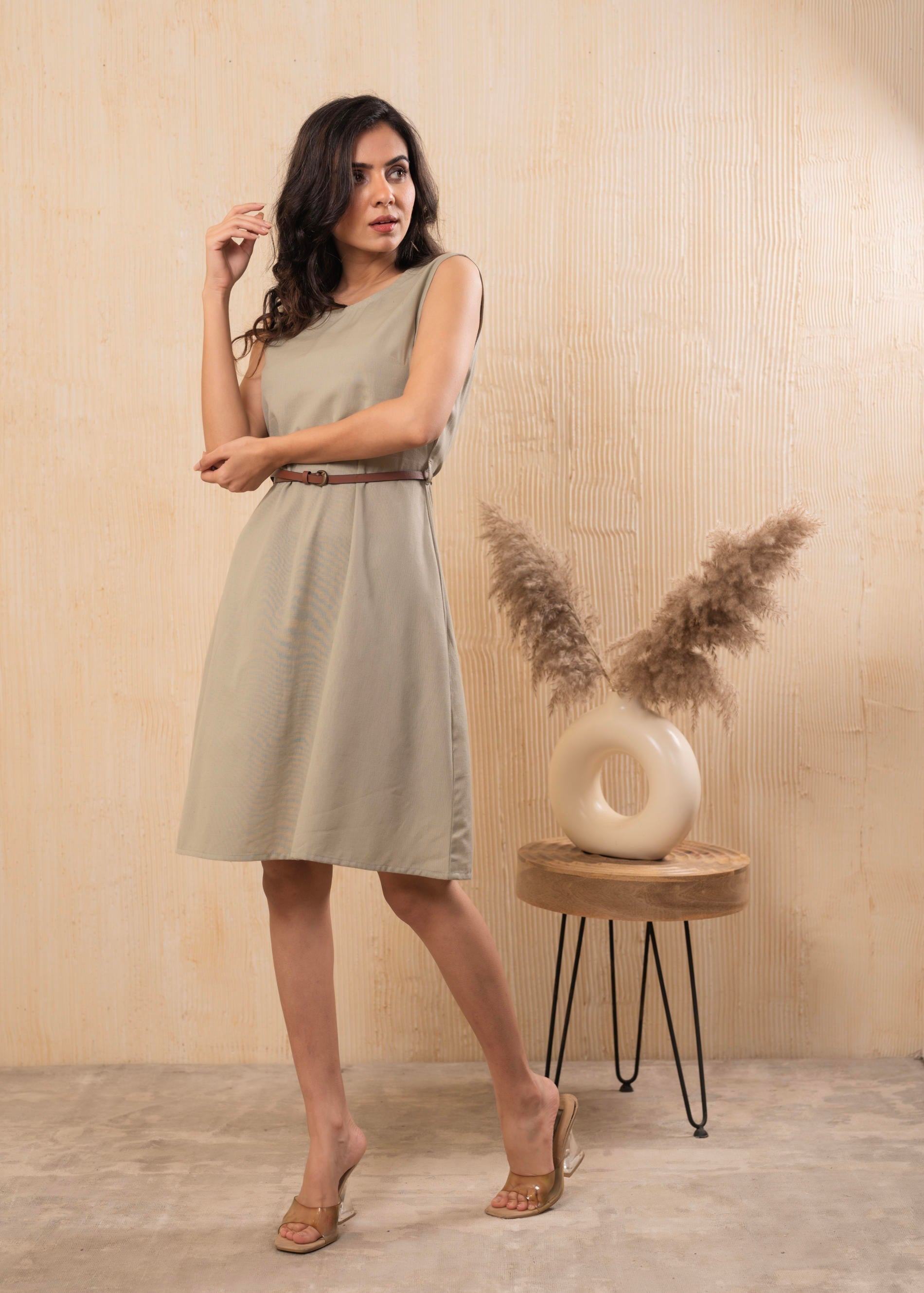 Juniper Lamora Beige Sleeveless A-Line Belted Dress | Grocsy