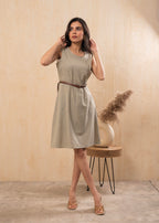 Juniper Lamora Beige Sleeveless A-Line Belted Dress | Grocsy