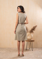 Juniper Lamora Beige Sleeveless A-Line Belted Dress | Grocsy