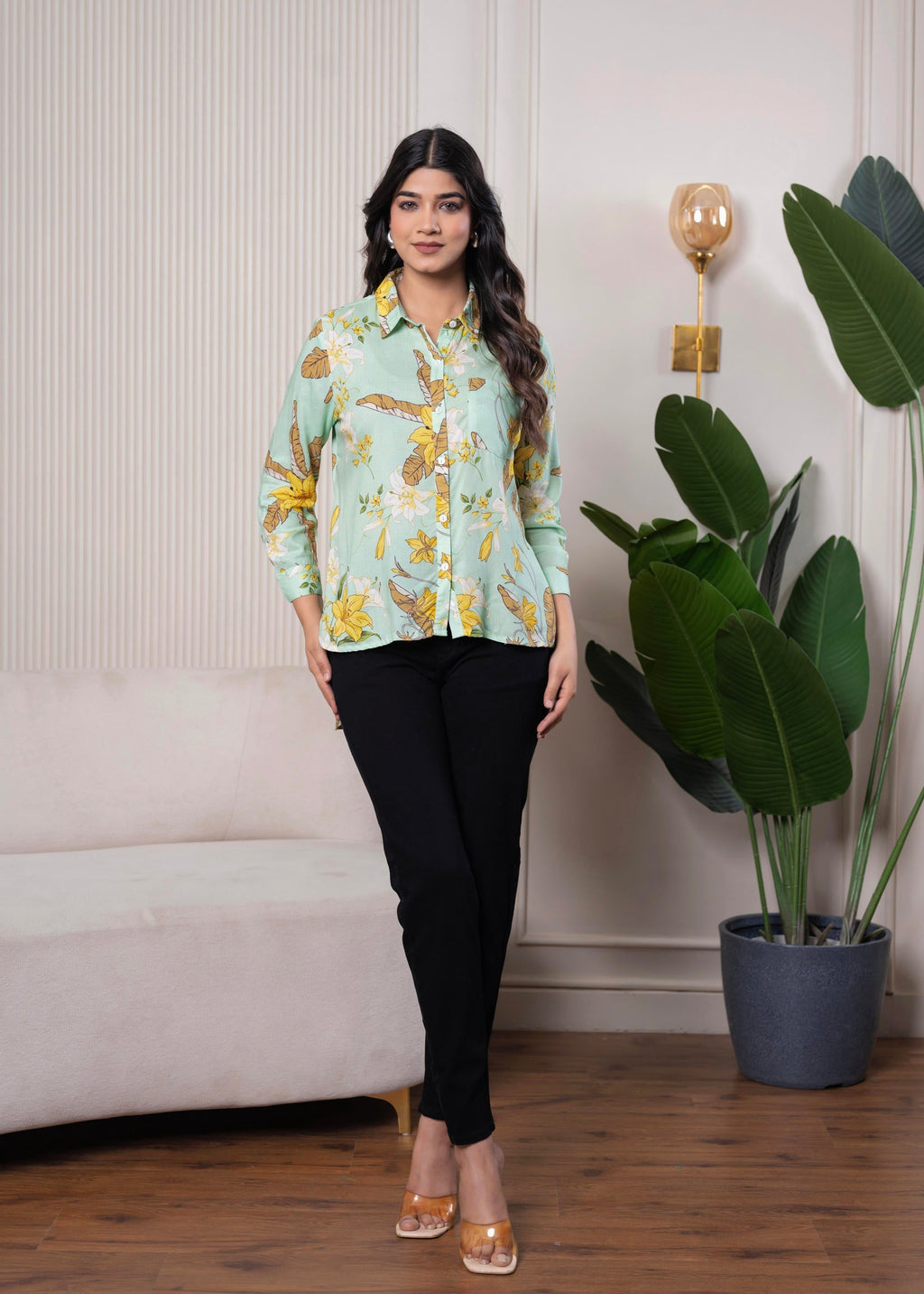 Juniper Lamora Mint Green Floral Print Long Sleeve Button-Down Shirt | Grocsy