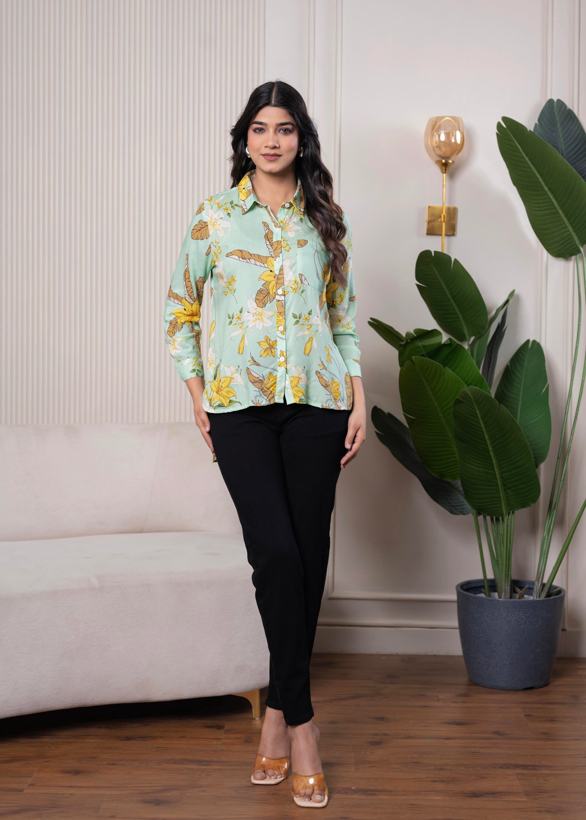 Juniper Lamora Mint Green Floral Print Long Sleeve Button-Down Shirt | Grocsy