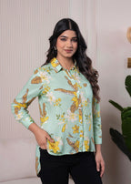 Juniper Lamora Mint Green Floral Print Long Sleeve Button-Down Shirt | Grocsy