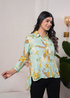 Juniper Lamora Mint Green Floral Print Long Sleeve Button-Down Shirt | Grocsy