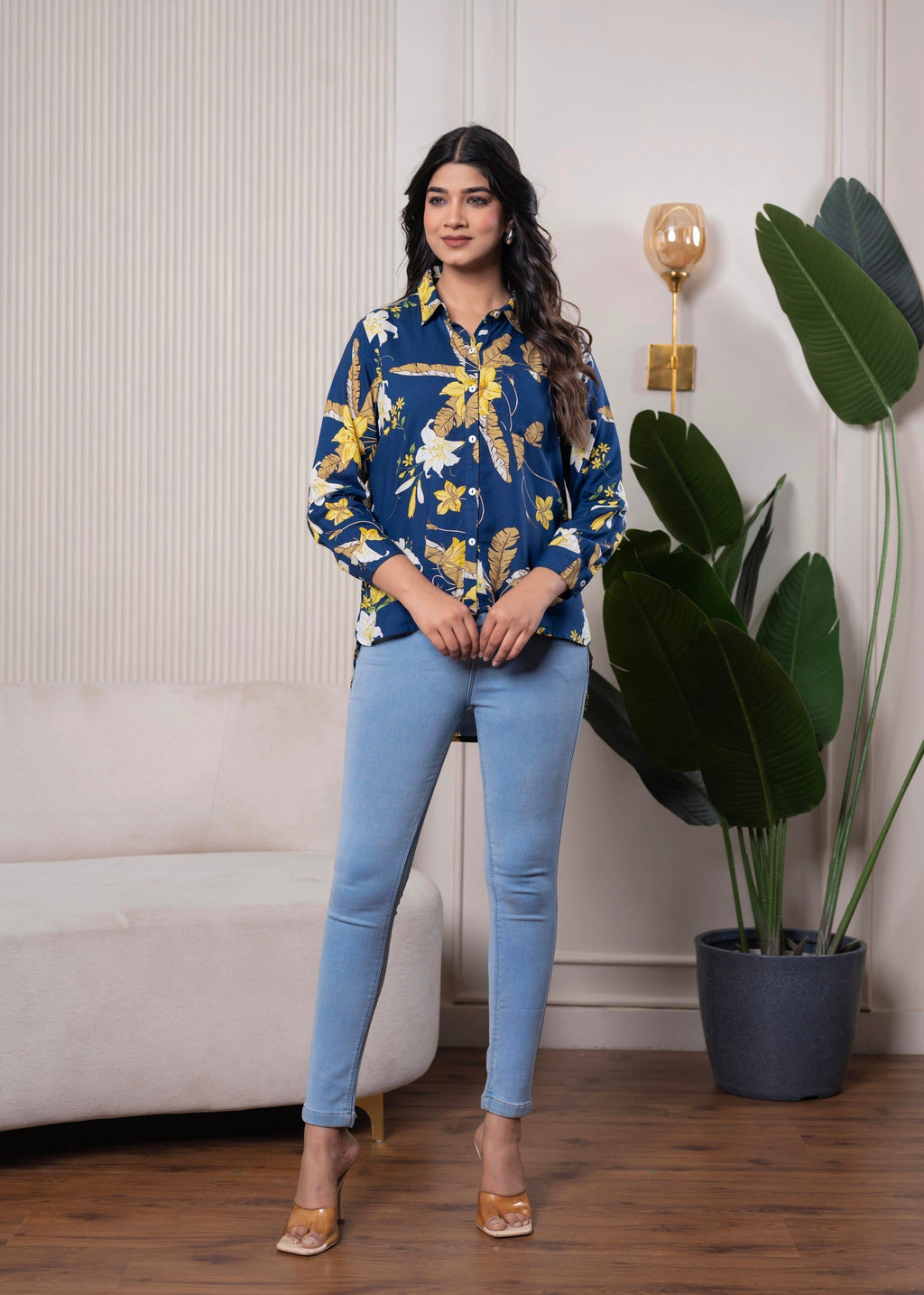 Juniper Lamora Navy Blue Floral Print Long Sleeve Button-Down Shirt | Grocsy