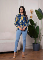 Juniper Lamora Navy Blue Floral Print Long Sleeve Button-Down Shirt | Grocsy